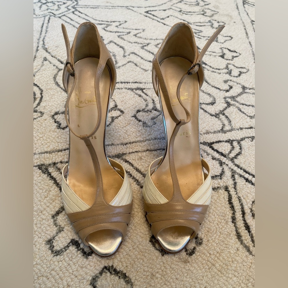 Christian Louboutin Tan and Cream Strappy Heels - Picture 3 of 11